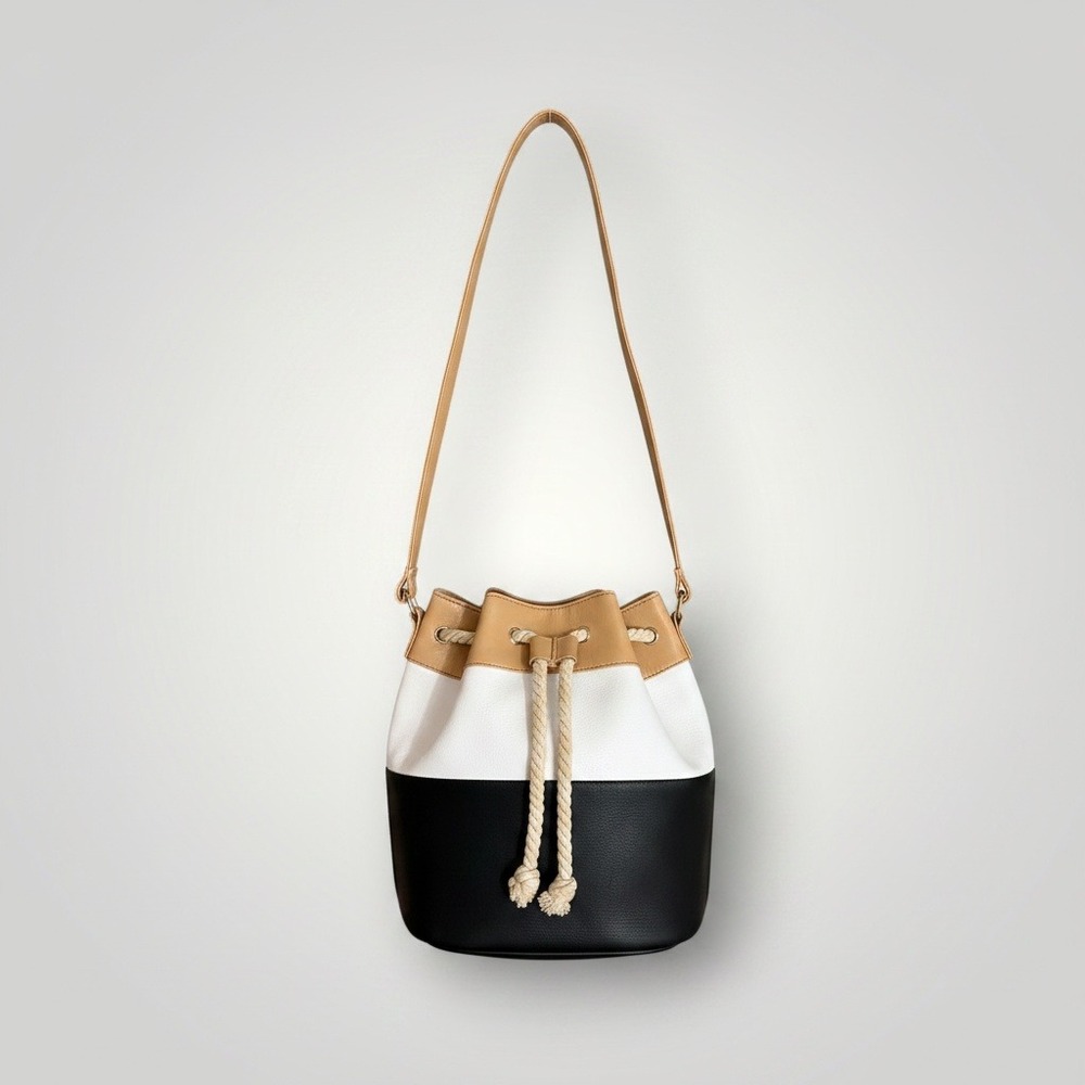 B. Bag Bucket Bag Black White Tan Colorblock Rope Drawstring Nautical Coastal